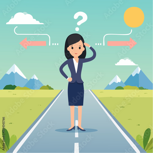 Tough decisions, choosing career path, make choices or think about final result, business directions challenge, confusion or decide options concept, businesswoman thinking and make business decision