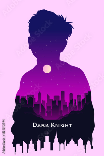 Dark Knight Purple City Double Exposure Silhouette