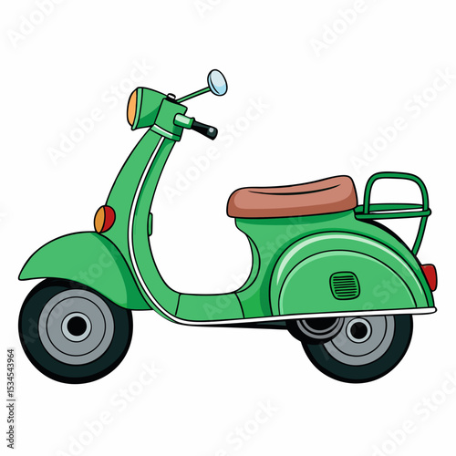 Colorful cartoon green scooter in retro style. Child friendly vector illustration, isolated on white perfect for books, games, logo and animation.