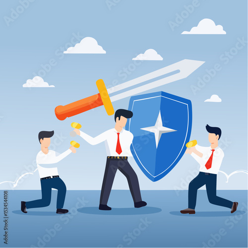Business threat, fight to survive in business competition, resilience or adversity, challenge or survive to win, courage fighter concept, businessman hold shield to fight with multiple fighter punc