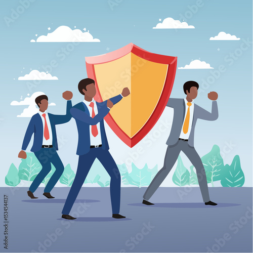 Business threat, fight to survive in business competition, resilience or adversity, challenge or survive to win, courage fighter concept, businessman hold shield to fight with multiple fighter punc