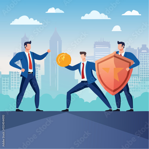Business threat, fight to survive in business competition, resilience or adversity, challenge or survive to win, courage fighter concept, businessman hold shield to fight with multiple fighter punc