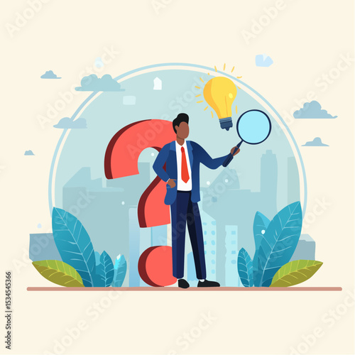 Problem analysis, analyze information to find solution or answer, solving problem or trouble, challenge to think overcome difficulty concept, businessman analyze question mark with magnifying glas