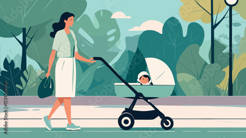 Mother walking with baby stroller in happy mood through green park