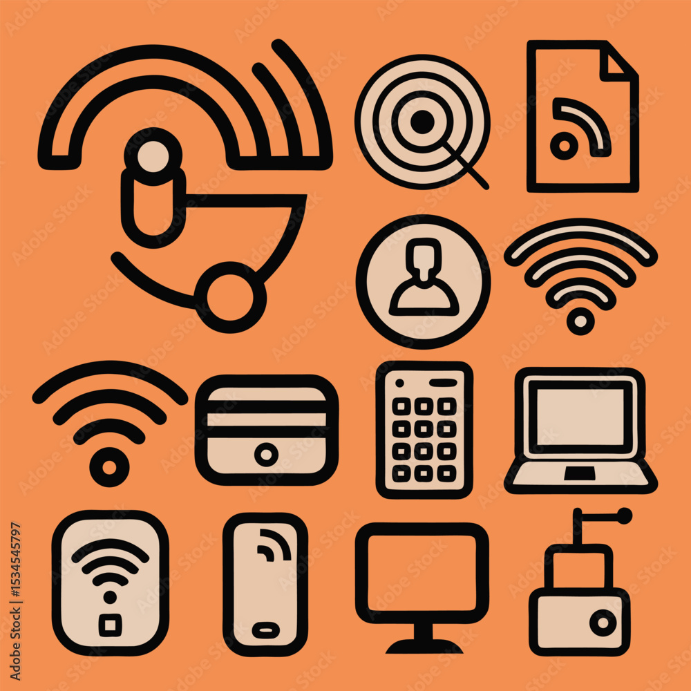 Wireless network icon set: modern vector illustrations of WiFi, internet, and communication symbols for technology and business design