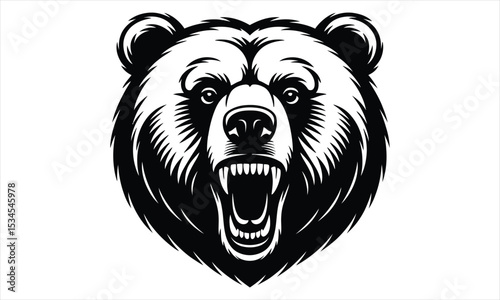 Aggressive grizzly bear head roaring black and white illustration