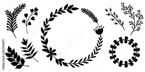 Black art vector illustration set of wheat ears and floral leaf ornament elements on white