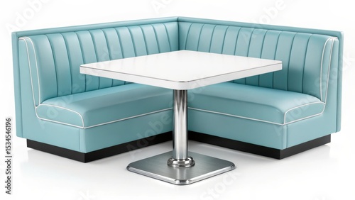 Retro diner booth with white table isolated on white background