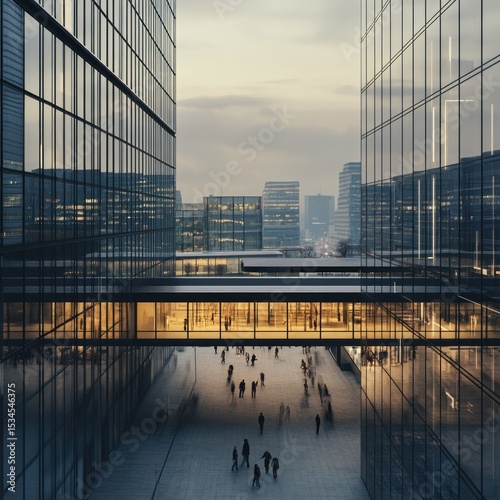 Modern Cityscape, Glass Buildings and Pedestrian Bridge at Dusk
