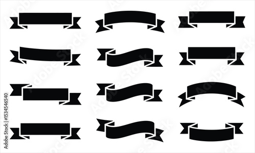 Twelve black ribbon banners set for design elements