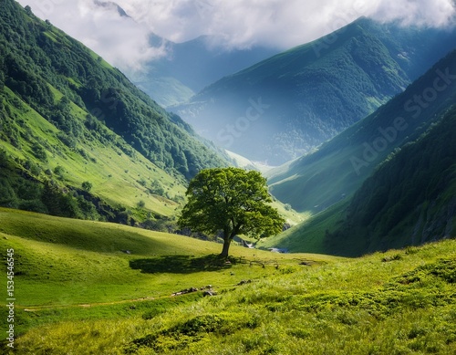 majestic lone tree in a valley surrounded by lush greenery and misty mountains