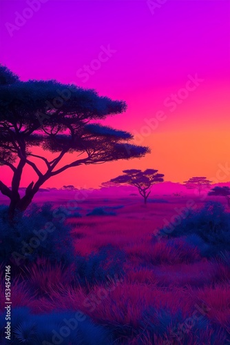 Vibrant sunset casts neon glow over the African savannah, transforming the landscape into a colorful tapestry of light and shadow photo