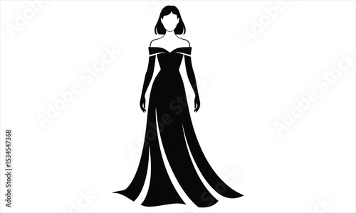 Elegant woman in long black off shoulder gown silhouette