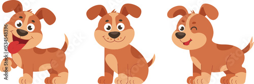 Three cute cartoon puppies in different poses