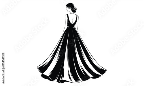 Elegant woman in black gown back view fashion illustration