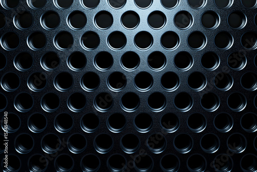 Close-up of a textured black surface featuring a repeating pattern of circular holes with reflective highlights creating a metallic effect.
