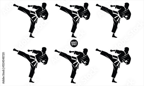 Six silhouettes of karateka executing a high kick