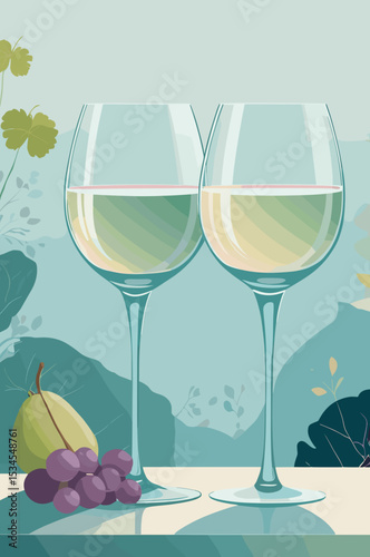 Two glasses of white wine with fruits on table against nature background