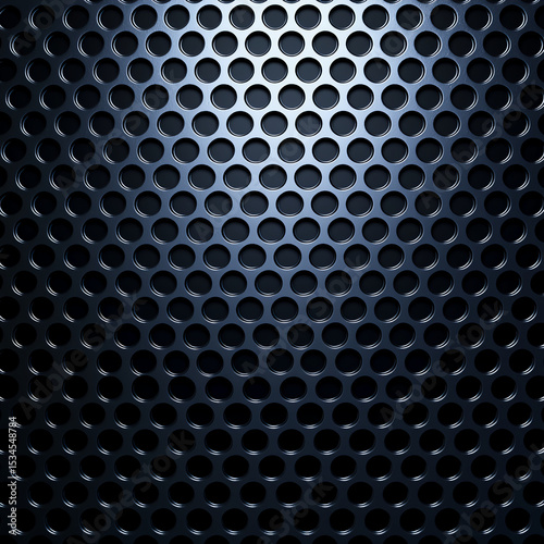 Close-up of a metallic perforated surface with circular holes, showcasing a dark, reflective, and industrial texture.