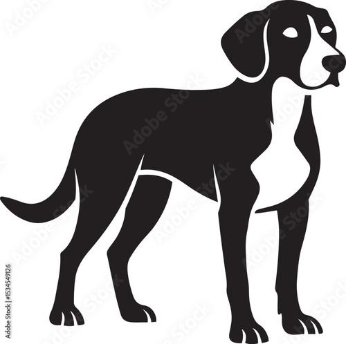 Hunting dog silhouette alert pose, Dog ready to track black and white illustration