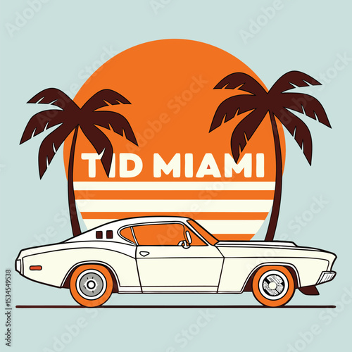 Cream vintage car sits before palms and sun on a calming blue backdrop