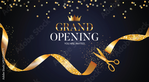 Grand Opening Card with Ribbon and Scissors Background. Vector Illustration
