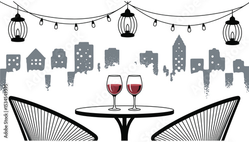 Celebration set with crystal wine glasses, bottles, and a city view