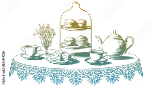 Vintage morning breakfast with pink roses, a fresh flower vase, and a drink on a table