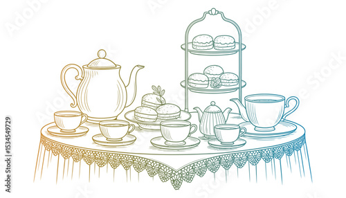 Antique tea set with teapot cup and saucer vintage kitchen illustration