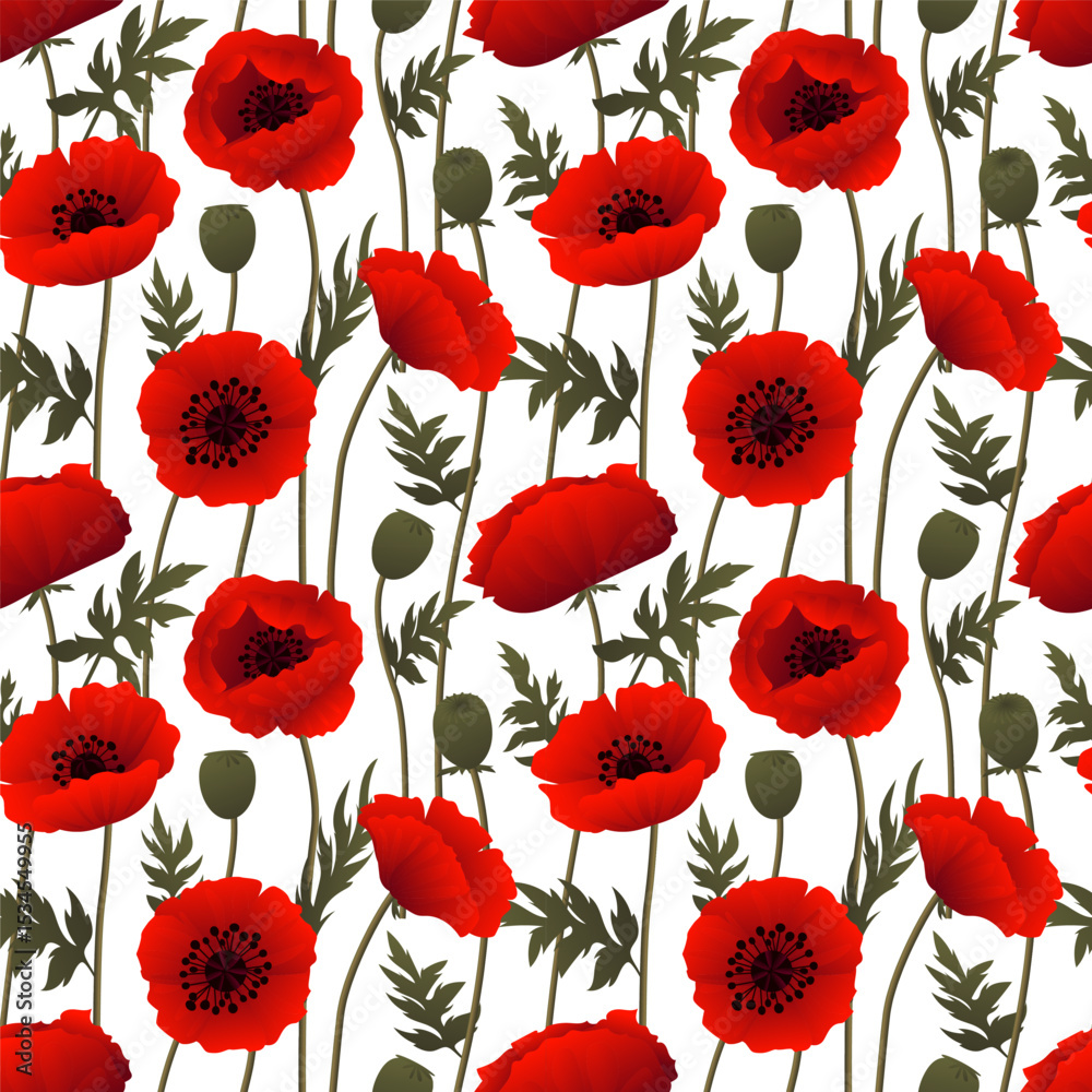 Fototapeta premium Seamless pattern of red poppy flowers with green leaves and seed pods on white background botanical floral design for fabric wallpaper wrapping paper or decorative surface textures
