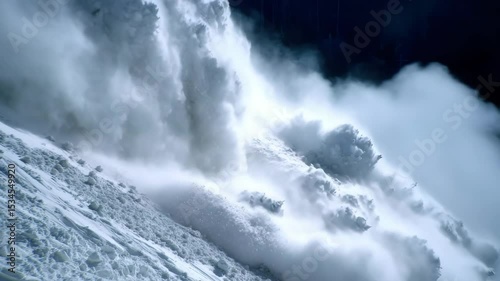 A huge pile of snow rolls down the mountain like an avalanche