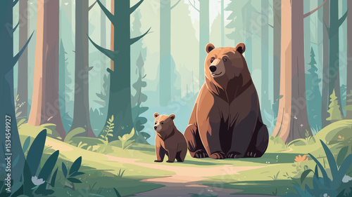 Brown bear with cub walking through serene forest path in peaceful settin