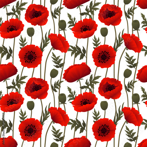 Seamless pattern of red poppy flowers with green leaves and seed pods on white background botanical floral design for fabric wallpaper wrapping paper or decorative surface textures