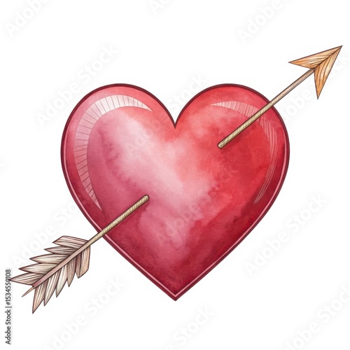 Watercolor heart pierced by an arrow, isolated on white background