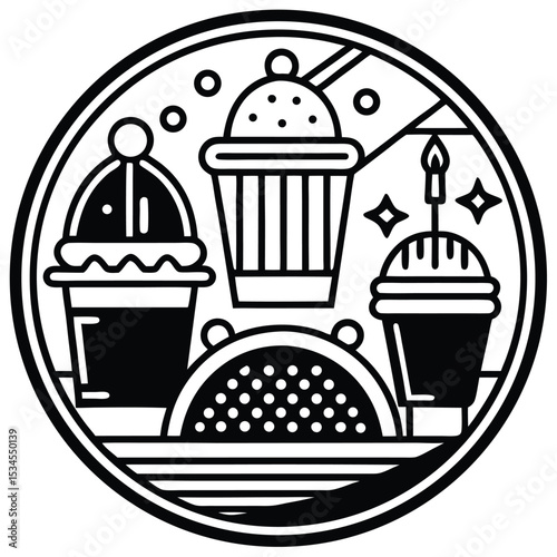 Fast Food Icon Set in Black and White – Burger, Drinks, Desserts, Pizza, and Snacks Vector