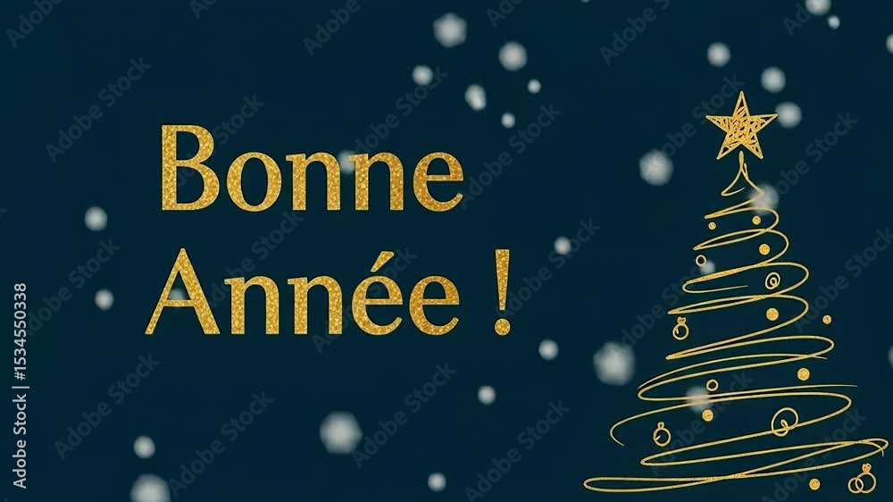 Bonne Année – message vidéo avec fond bleu élégant, sapin de Noël, flocons de neige et chute de neige animée. Carte de vœux 2026 festive pour célébrer le Nouvel An, idéal pour les écrans