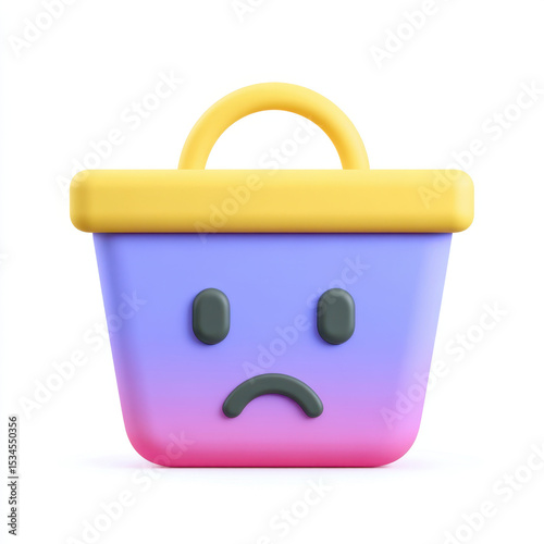 Colorful shopping basket with sad face emoji, featuring yellow handle, purple body, and pink base, expressing disappointment
