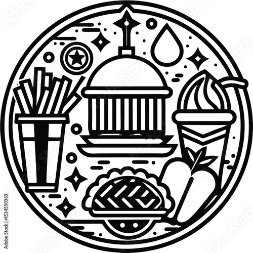 Fast Food Icon Set in Black and White – Burger, Drinks, Desserts, Pizza, and Snacks Vector