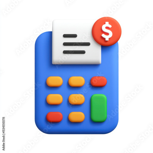 Colorful calculator with receipt and dollar sign icon, representing financial calculation or expense management, white