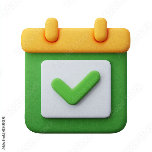 Colorful, stylized calendar icon with green checkmark white square, symbolizing approval or completed task, with yellow top