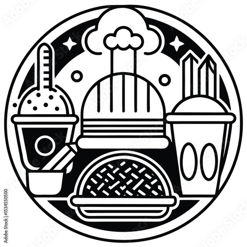 Fast Food Icon Set in Black and White – Burger, Drinks, Desserts, Pizza, and Snacks Vector