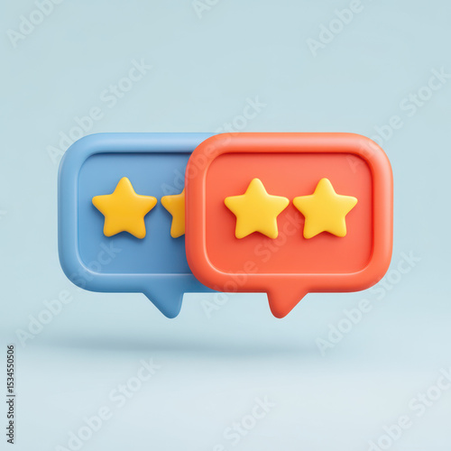 Two speech bubbles with star ratings, one blue and one red, light blue background, representing reviews or feedback