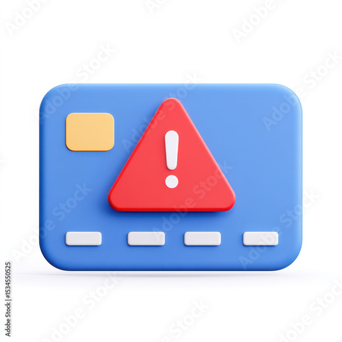 Digital credit card with warning alert symbol indicating payment issue or security alert, modern illustration