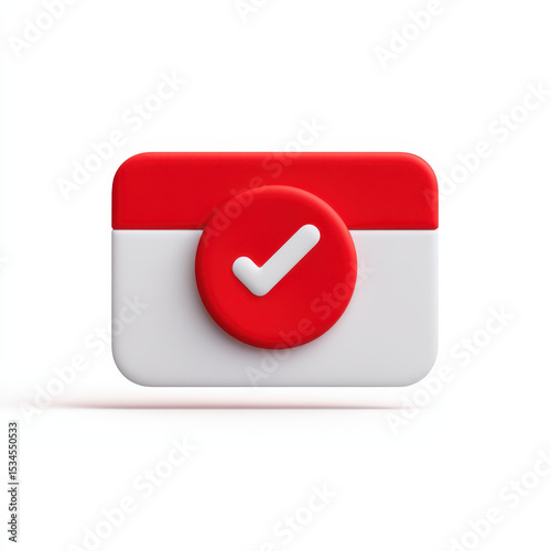 Success message icon with checkmark calendar or notification card red and white color scheme digital design minimalistic style
