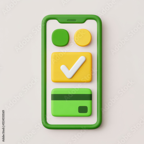 Smartphone with green frame displaying colorful icons including green circle, yellow circle, yellow checkmark