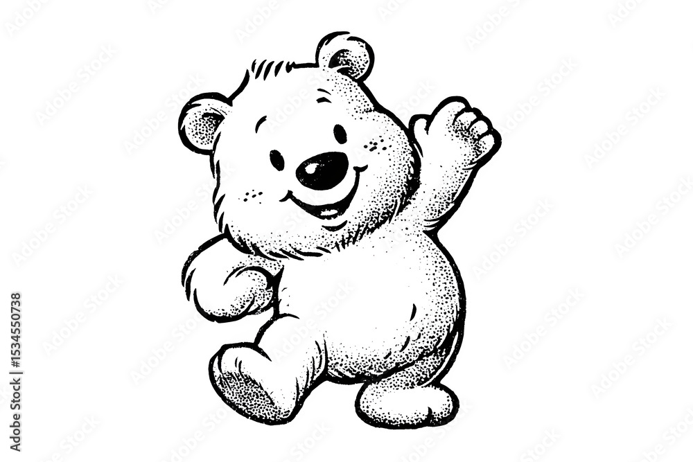 Obraz premium Nostalgic Teddy Bear Waving. Sweet Vintage Line Art Illustration.