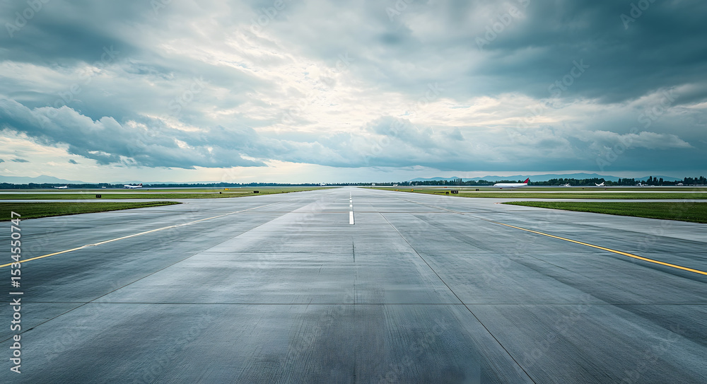 Fototapeta premium Empty airport runway with cloudy sky, no planes seen