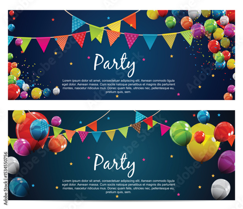 Party Birthday Background Baner with Flags and Balloons Vector Illustration.eps