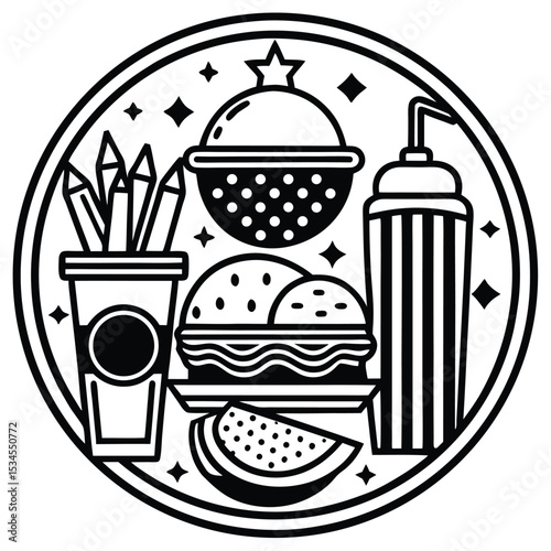 Fast Food Icon Set in Black and White – Burger, Drinks, Desserts, Pizza, and Snacks Vector