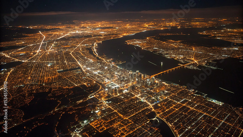 Aerial view of a city illuminated at night